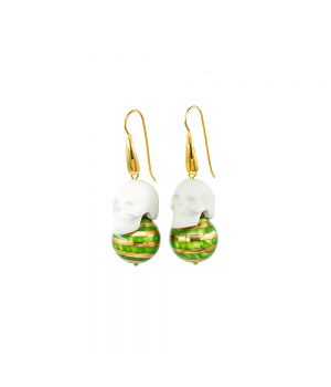  White Skulls with Gold Plated Balls Green Stripes Earrings "In Bloom", fig. 1 