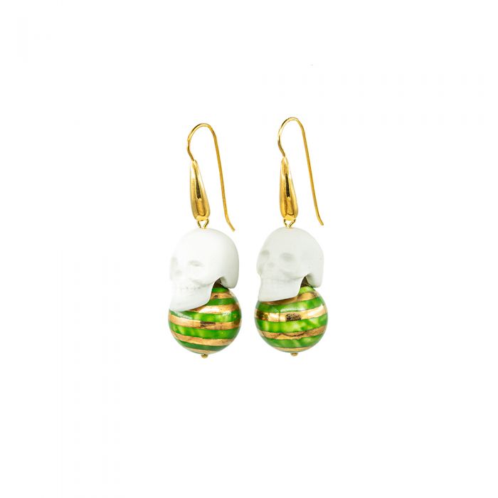  White Skulls with Gold Plated Balls Green Stripes Earrings "In Bloom", fig. 1 