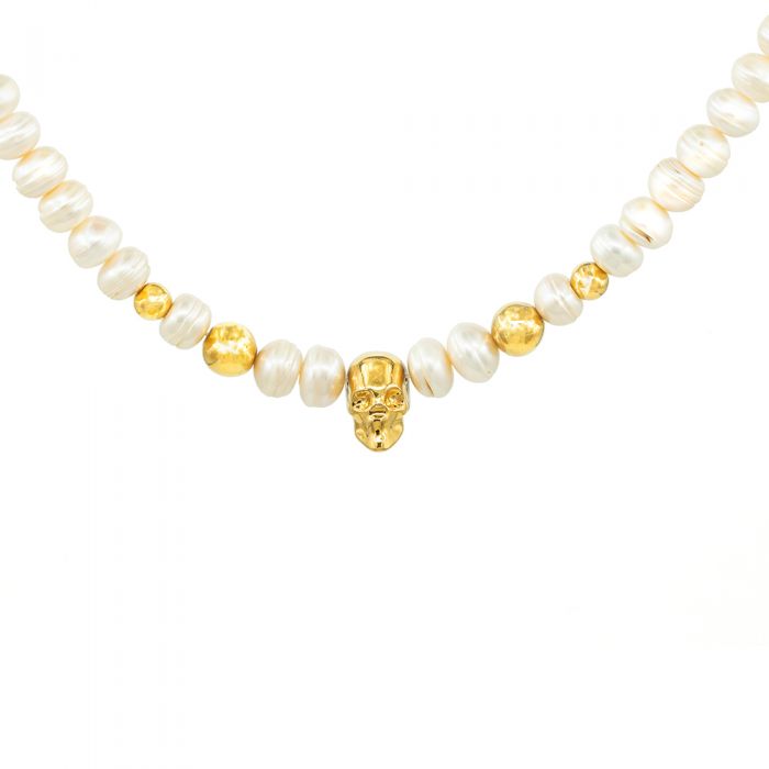  Gold Plated Skull and Pearls Necklace "In Bloom", fig. 1 